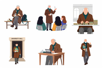 Fototapeta premium Vector Illustration Set of a Senior University Professor and Academic Teacher Engaging in Various Educational Activities and Campus Life