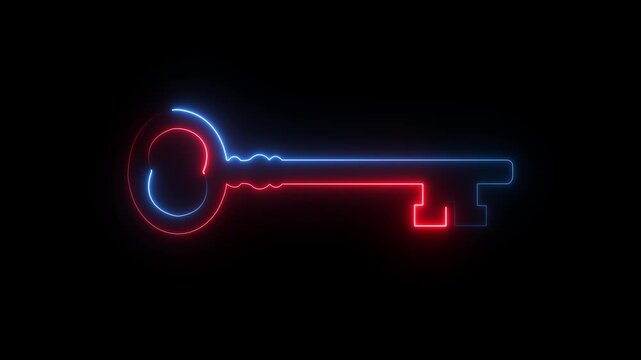 Glowing neon line Key icon isolated on black background. security privacy password protection safety animated. Neon blue key Animation on Black Background. 4K Video motion