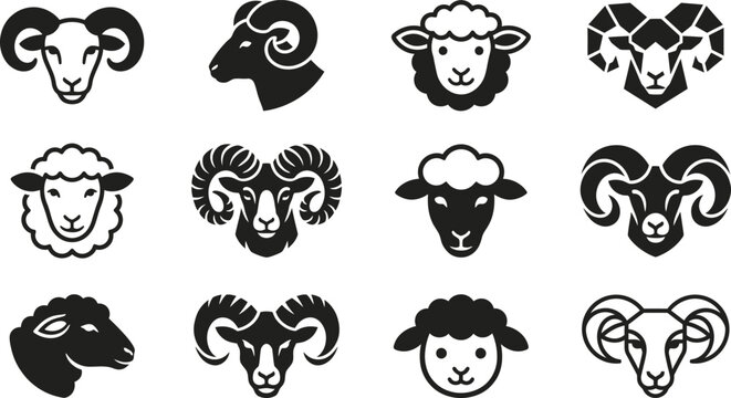 Collection of black and white sheep and ram head icons.