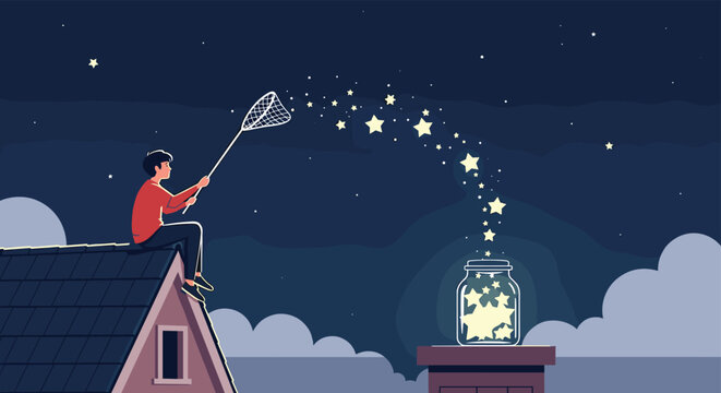 Young boy sitting on a dark roof at night uses a butterfly net to catch glowing yellow stars and place them into a glass storage jar.