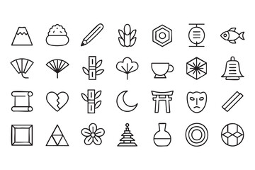 Fototapeta premium Japanese culture outline icon collection for travel guides, heritage branding, tourism apps and traditional design templates