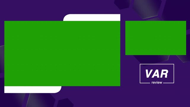 Video assistant referee VAR review broadcast overlay with green screen placeholders. Perfect for soccer or football sports highlights, referee analysis videos, and sports channel television templates.