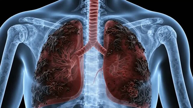 Healthy vs Damaged Lung Disease Progression 3D Medical Visualization.