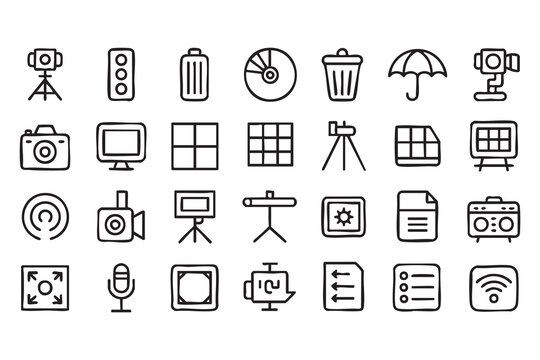 Photography and video production outline icon collection for camera gear, studio equipment, media files and creative templates