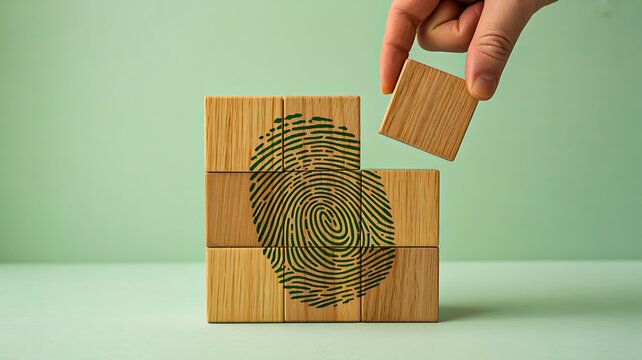 Fingerprint identification concept with wooden blocks and biometric security verification