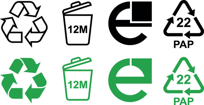 Eco Friendly Product Packaging Recycling Icon Set with Mobius Loop Period After Opening Trash Can Estimated Sign and PAP 22 Paper Code Vector Symbols