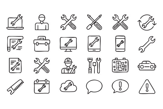 Editable vector maintenance icon set for IT support, engineering services, workshop management and technical documentation