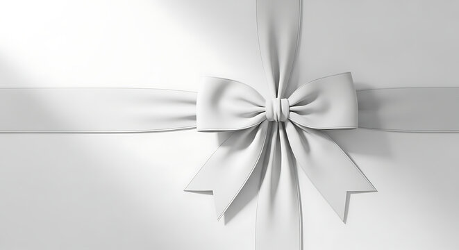 White ribbon bow with a flat band a monochromatic 3d rendering for gift presentation