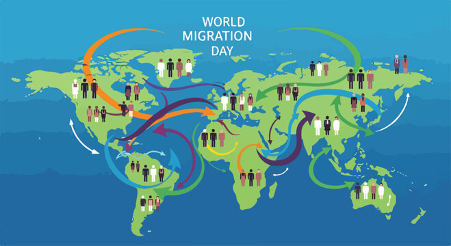 A world map with arrows and people