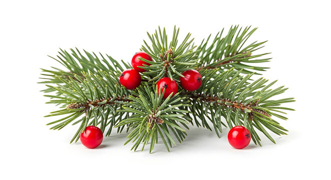 Fir branch with red berries on a white background a natural evergreen composition