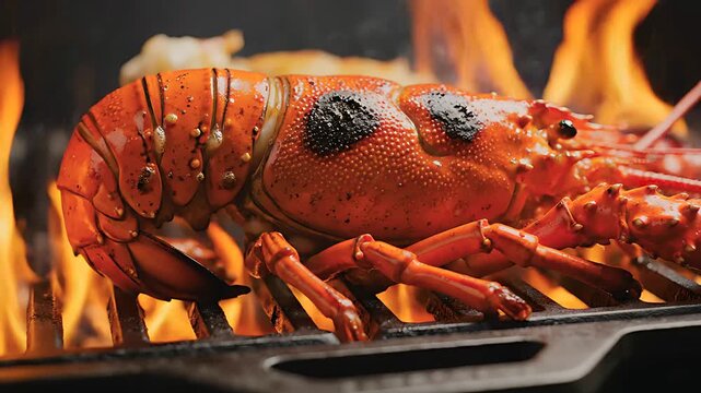 Whole lobster grilling on a cast iron grate over open flames. Intense fire and smoke surround the seafood during the cooking process. Gourmet barbecue concept for luxury dining and marketing.