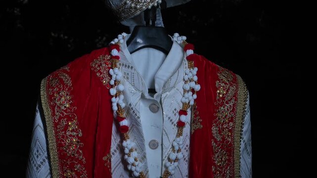 Traditional Indian Groom Wedding Attire with Sherwani, Turban and Mojari Display Before Marriage Ceremony