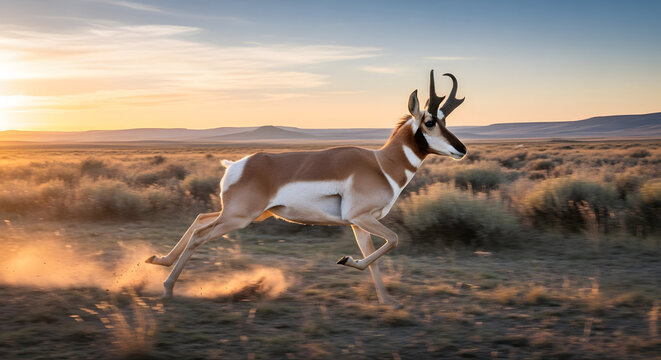 Pronghorn antelope running in desert landscape at sunset