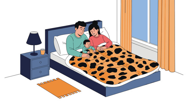 Young family with a small baby lying together in a cozy bed under a decorative cow print blanket in their bedroom.