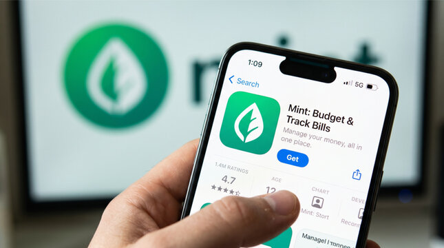 Hand holding smartphone with Mint budgeting app on App Store interface for managing money and tracking bills for financial planning and wealth.