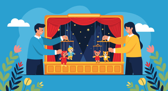 Couple performing a colorful puppet show with teddy bears and bunnies on a small theater stage for children.