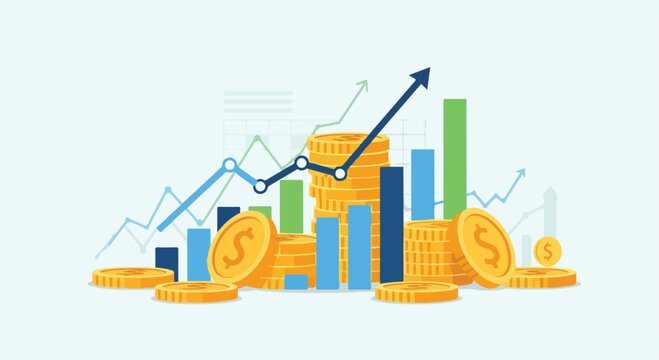 A colorful illustration of coins and graphs