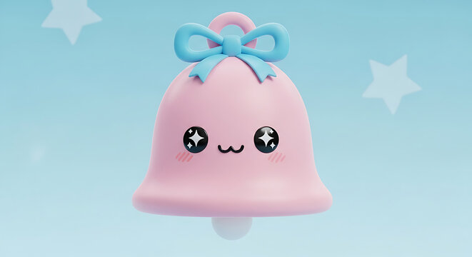 A pink bell with a blue bow and expressive eyes is a 3d rendered object