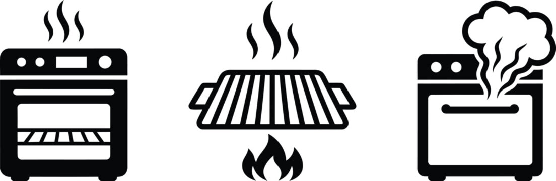 Black icons showing kitchen oven and grill with steam and fire symbols for cooking and food preparation design elements on a flat surface