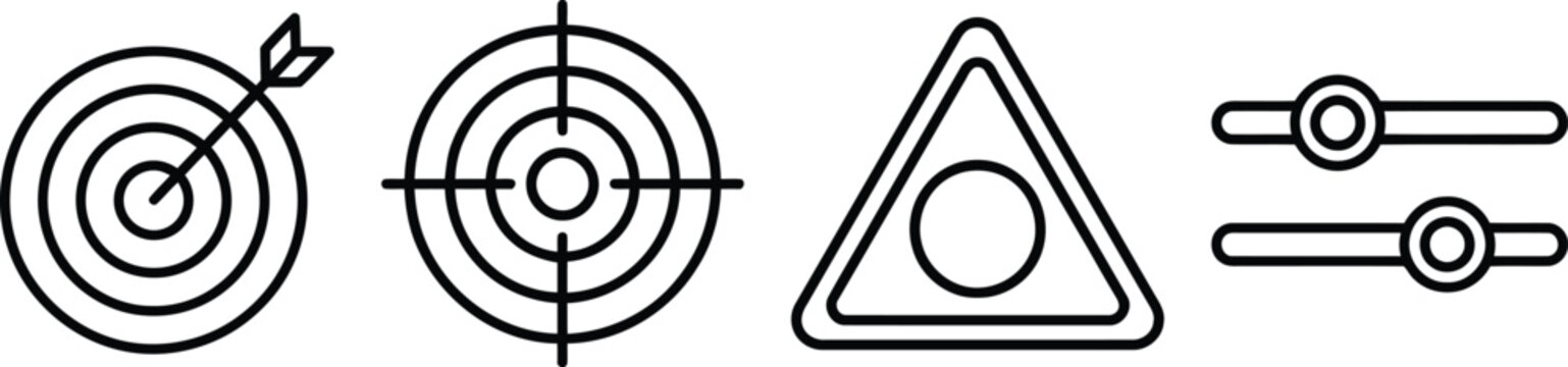 Thin line icons including a target with an arrow, a crosshair, a warning triangle, and adjustment sliders for web and mobile app interface