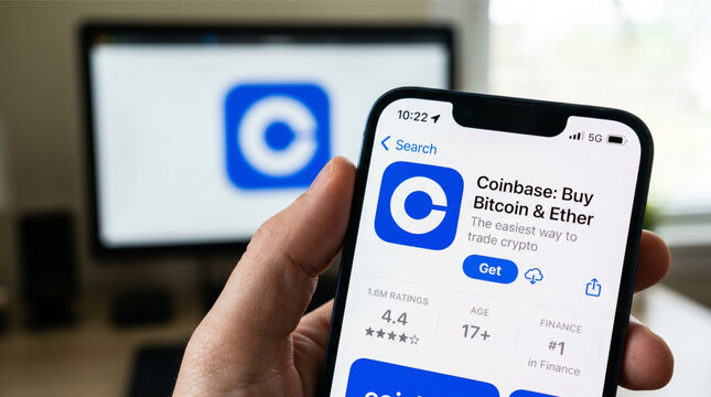 Person Holding iPhone Displaying Coinbase App on Apple App Store for Buying Bitcoin and Ethereum Cryptocurrency Trading Investment Finance Platform.