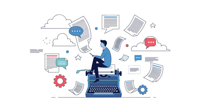 Creative writer sits on top of a large typewriter surrounded by flying papers, clouds, and speech bubbles symbolizing the writing process.