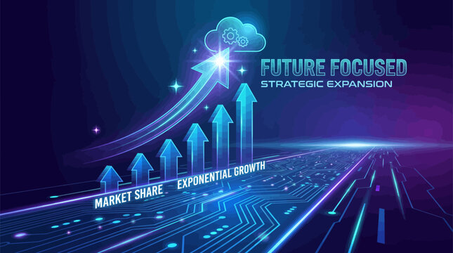 Business growth illustrated with glowing arrows and lines on a futuristic background with exponential growth and market share concepts