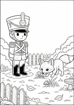 Playful cartoon nutcracker soldier meets curious baby fox outdoors.