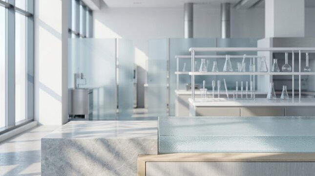 Bright, modern laboratory interior with glass partitions and scientific glassware illuminated by natural sunlight.