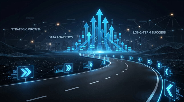 A futuristic road leads to a bright blue graph with arrows, symbolizing strategic growth and long-term success in data analytics.
