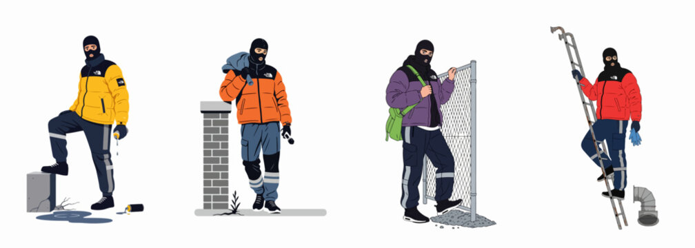 Set of four illustrated characters in colorful puffer jackets and balaclavas engaged in urban activities like graffiti, burglary, and exploration.