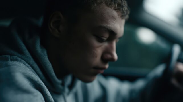 Contemplative Teen in a Car: Capturing Moments of Reflection and Emotion