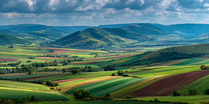 Peaceful Farmland Landscape with Colorful Patchwork Fields and Hills