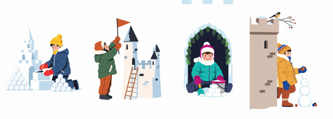 Fototapeta premium Children's winter outdoor activities illustration set featuring building snow castles, forts and caves.