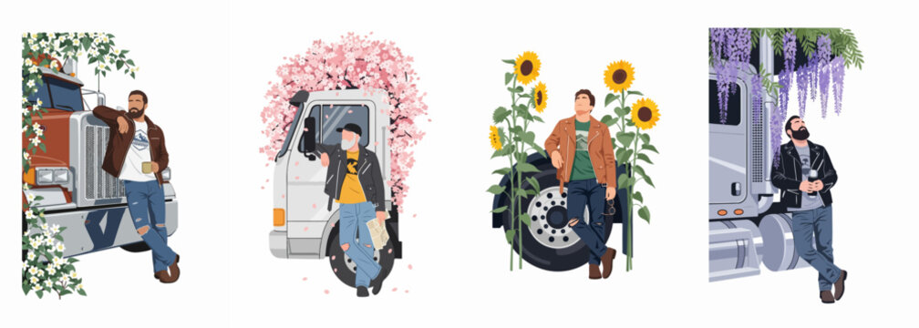 Set of flat vector illustrations featuring men in leather jackets leaning against semi-trucks, beautifully decorated with seasonal flowers like sunflowers, cherry blossoms, and wisteria.