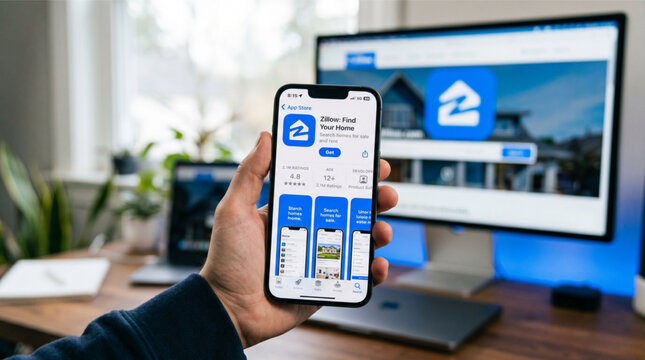 Person holding iPhone with Zillow real estate app store page displayed on screen in front of computer monitor with website home search property.
