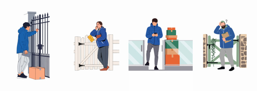 Set of flat vector illustrations of delivery couriers in blue uniforms facing various challenges while delivering packages and letters to different homes.