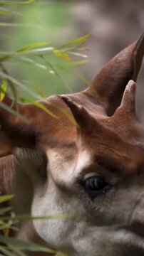 Okapi Eating Leaves in Forest - Close Up of Rare Animal in Wildlife Habitat