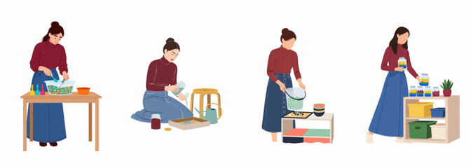 Fototapeta premium Set of illustrations showing a woman organizing, sorting items into jars, and performing domestic gardening tasks in a flat design style.