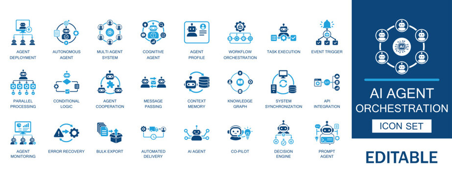 AI agent orchestration icon set. Featuring autonomous workflows, multi agent system, workflow orchestration, cognitive technology, and automated process control symbols.