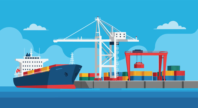 Industrial container ship docks at a busy harbor with large white cranes loading goods for efficient global logistics.