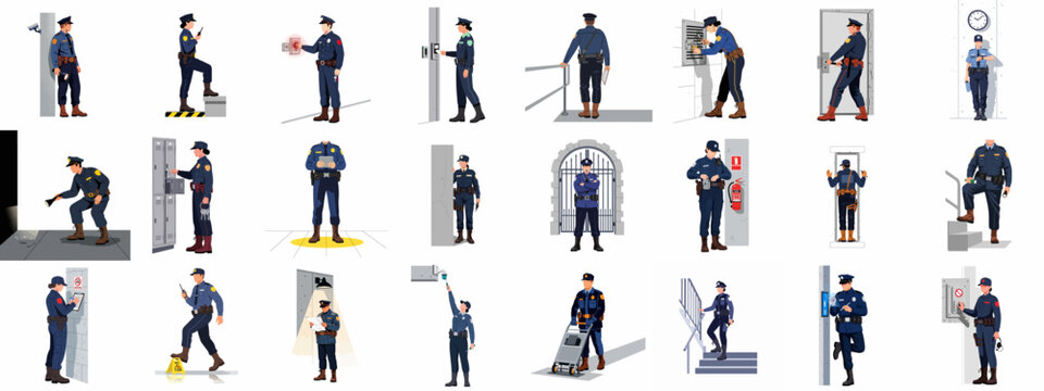 Set of security guards in professional uniforms performing various duties like patrolling, monitoring surveillance, and managing access in flat vector style.