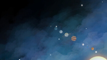 This dreamy vector illustration features a stylized solar system floating across a celestial sky filled with atmospheric clouds, glowing stars, and soft cosmic light.  © Khim