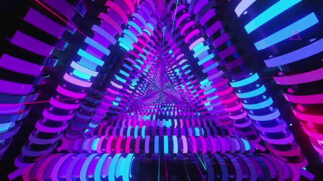 Hypnotic 4k seamless VJ loop of a futuristic triangle tunnel. Abstract data vortex made of glowing blocks and digital structures, for stage screens and techno music events
