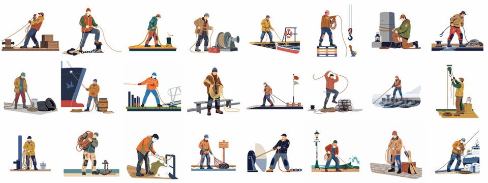 Collection of illustrations featuring dockworkers and sailors performing various maritime tasks like pulling ropes, handling cargo, and securing ships on a harbor pier.