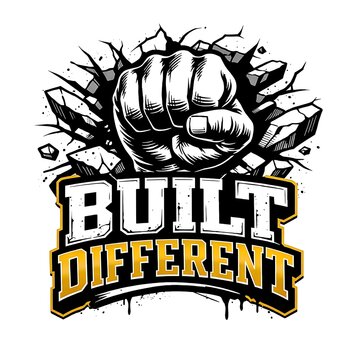 Gritty boxing glove emblem with bold built different typography in urban grunge style
