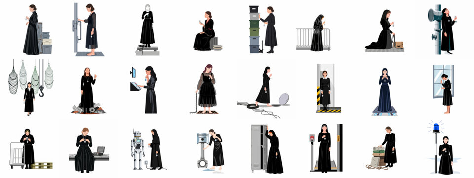 Comprehensive collection of illustrations showing a woman in black mourning attire across various industrial and modern environments, reflecting on themes of sorrow and memory.