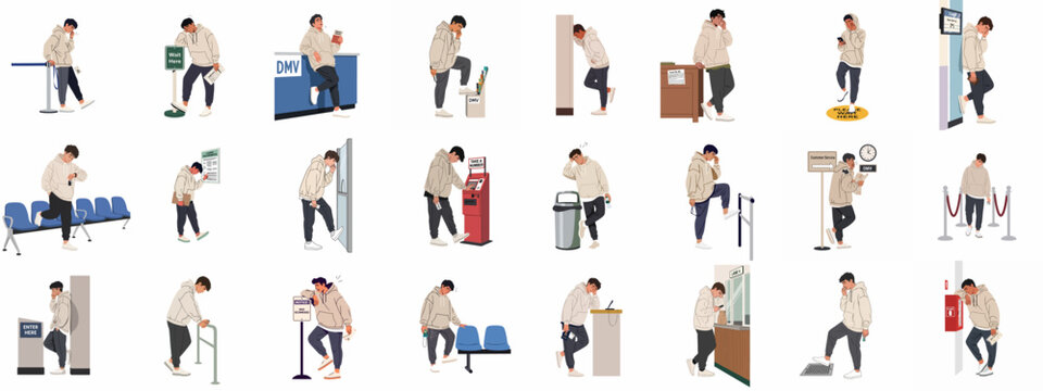Illustrations of a young man experiencing frustration and boredom while waiting in line at the DMV office for various services.