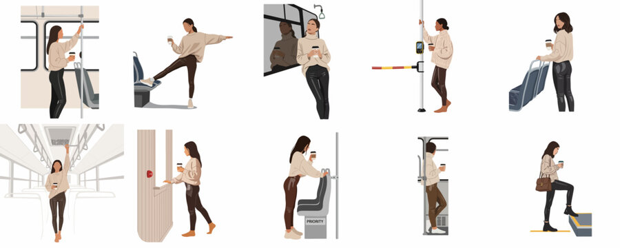 Minimalist flat vector illustration set of a young woman commuting on public transport, holding a coffee cup in various daily routine poses.
