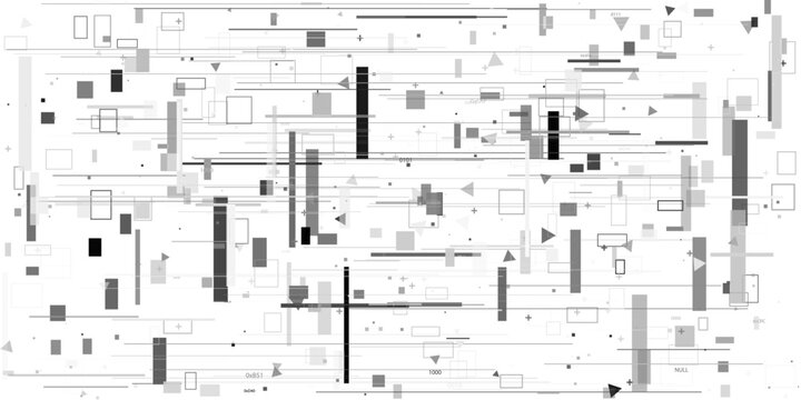 Grayscale macro-block fragmentation background. Monochrome geometric data flow and digital glitch patterns on white for clean, modern technology designs.